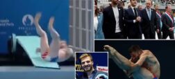 شیرجه‌ی ناموفق یک شناگر در حضور رئیس جمهوری فرانسه